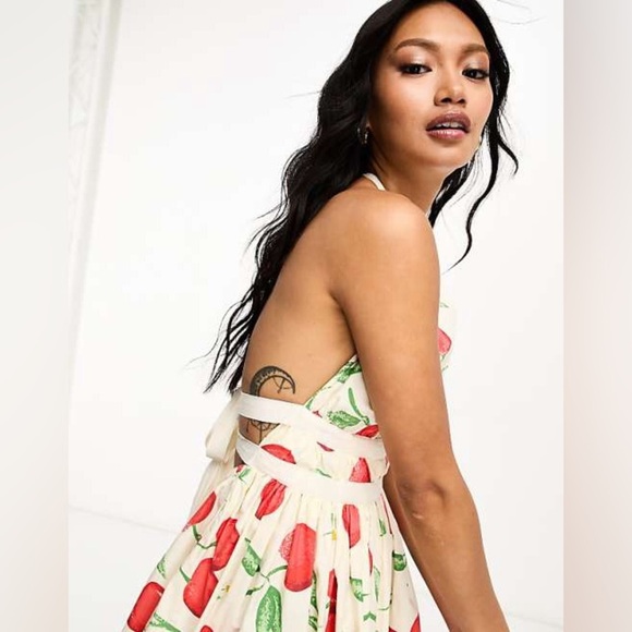 ASOS Design Halter Mini Sundress with Strappy Back in Cherry print - Size 6 - Picture 2 of 9